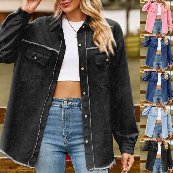 Lovskoo 2024 Women's Spring Long Sleeve Denim Jean Jacket Button Down Shirt Distressed Spring Fall and Winter Boyfriend Denim Coat Hot Pink