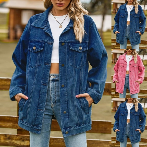 Lovskoo 2024 Women's Spring Long Sleeve Denim Jean Jacket Button Down Shirt Distressed Spring Fall and Winter Boyfriend Denim Coat Pink