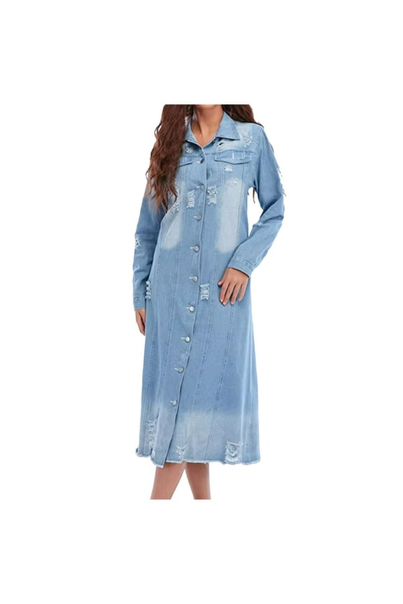 2024 Women's Spring Long Sleeve Denim Jean Jacket Ripped Button Down Shirt Distressed Casual Button Loose Boyfriend Jacket Blue