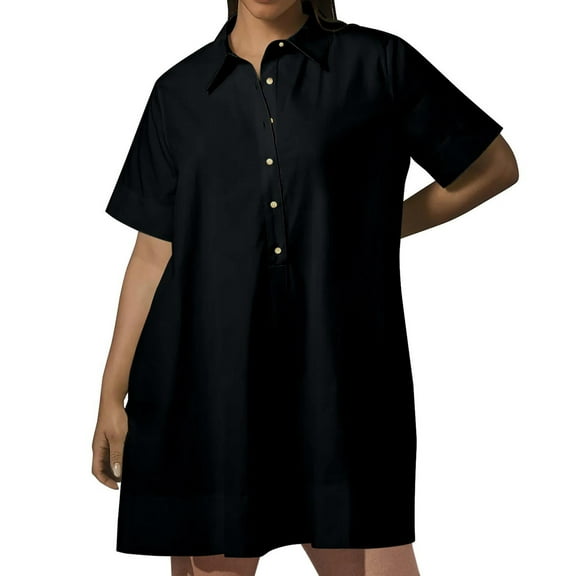 Lovskoo 2024 Women's Spring Summer Button Down Shirt Dresses Short Sleee Tunics Oversized Loose Blouse Dress with Pockets Black L