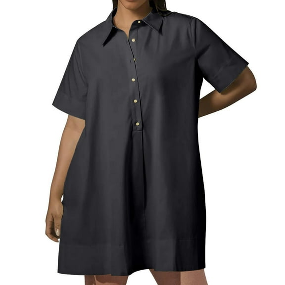 Lovskoo 2024 Women's Spring Summer Button Down Shirt Dresses Short Sleee Tunics Oversized Loose Blouse Dress with Pockets Dark Gray XL