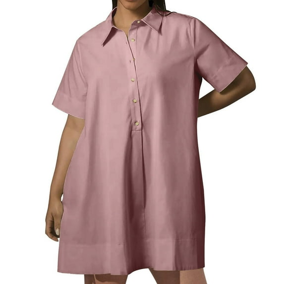 Lovskoo 2024 Women's Spring Summer Button Down Shirt Dresses Short Sleee Tunics Oversized Loose Blouse Dress with Pockets Pink 3XL