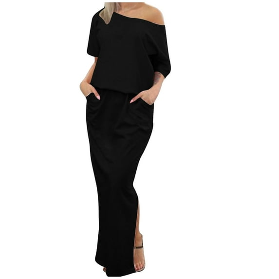 Lovskoo 2024 Women's Spring Summer Dress Cold Shoulder Casual Loose Long Dress Strapless Maxi Dress Short Sleeve Solid Color One Shoulder Sundresses Black S