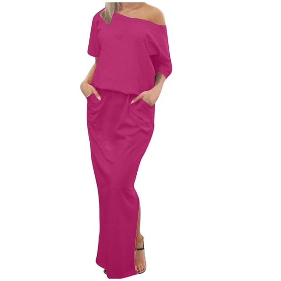 Lovskoo 2024 Women's Spring Summer Dress Cold Shoulder Casual Loose Long Dress Strapless Maxi Dress Short Sleeve Solid Color One Shoulder Sundresses Hot Pink S