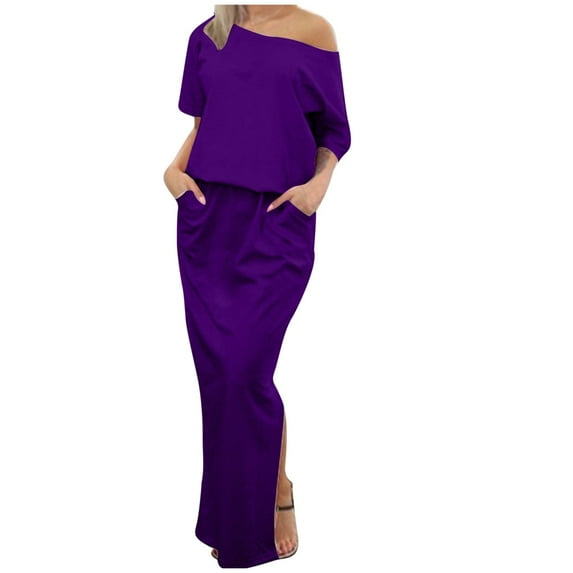 Lovskoo 2024 Women's Spring Summer Dress Cold Shoulder Casual Loose Long Dress Strapless Maxi Dress Short Sleeve Solid Color One Shoulder Sundresses Purple L