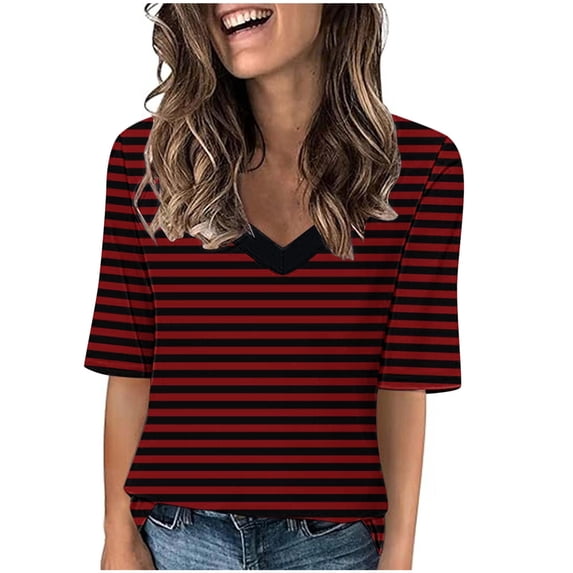Lovskoo 2024 Women's Striped Half Short Sleeve Summer Shirts V Neck Loose T Shirts Tops and Blouse Tee Shirts Tunic Tops Casual Basic Blouses Burgundy L