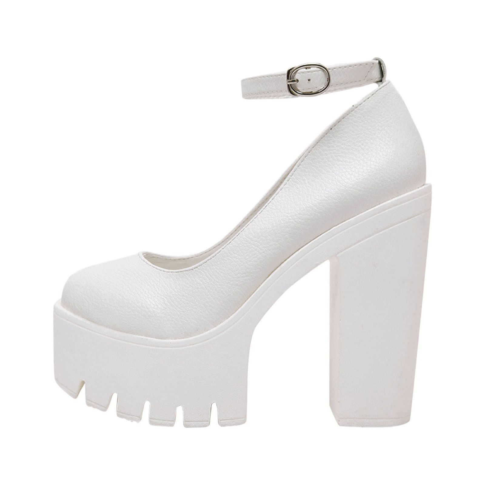 Lovskoo 2024 Women s Summer Ankle Strap Platform Mary Shoes Closed Toe High Chunky Heels Dress Buckle Party Pumps Shoes White Walmart