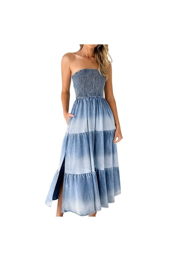 white christmas dresses Light Chambray Smocked Denim Off-Shoulder Maternity Maxi Dress – PinkBlush main image 1