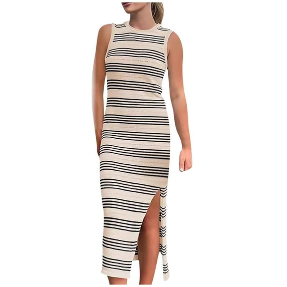 Lovskoo 2024 Women's Summer Bodycon Sundresses Casual Midi Sleeveless Hollow Out Knit Side Slit Striped Long Tank Dress Beige S