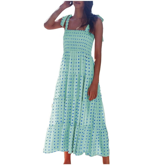 Lovskoo 2024 Women's Summer Boho Dress Floral Print Spaghetti Strap Tie Shoulder Square Neck Shirred Maxi Dress Beach Sun Dress Green L