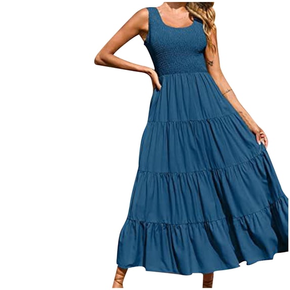 Lovskoo 2024 Women's Summer Boho Maxi Dress Casual Sleeveless Spaghetti Strap Smocked A Line Tiered Flowy Swing Beach Ruffle Long Sun Dresses Blue XL