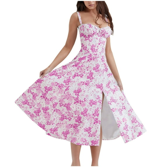 Lovskoo 2024 Women's Summer Casual Spaghetti Strap Dress Florals Sweetheart Neck Sleeveless Split A-Line Midi Sundress Hot Pink L