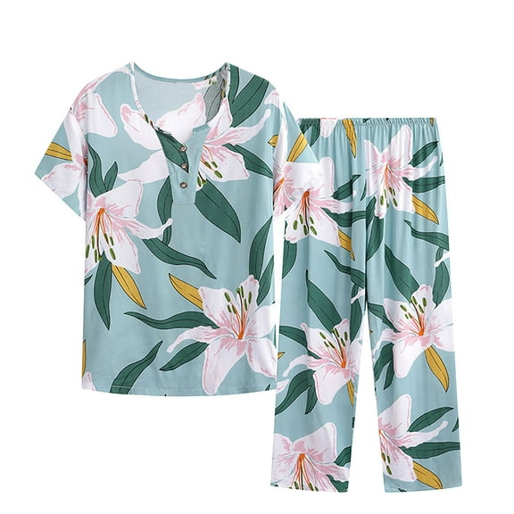 Lovskoo 2024 Women's Summer Cute Sleepwear Tops with Capris Pants Pajama Sets Short Sleeve Cotton Linen Loungewear Two Piece Suit