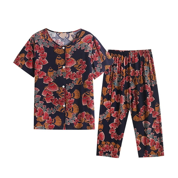 Lovskoo 2024 Women's Summer Cute Sleepwear Tops with Capris Pants Pajama Sets Short Sleeve Cotton Linen Loungewear Two Piece Suit