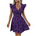 thumbnail image 1 of Lovskoo 2024 Women's Summer Dress Floral V Neck Smocked Waist Ruffled Short Sleeve A Line Short Mini Dress Purple M, 1 of 5