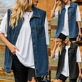 thumbnail image 1 of Lovskoo 2024 Women's Summer Fall Long Sleeve Denim Jean Vest Button Down Shirt Distressed Casual Turndown Collar Summer Pocket Regular Sleeveless Vest Blue, 1 of 9