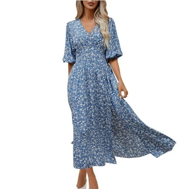 Lovskoo 2024 Women's Summer Maxi Dress Casual Boho Floral V Neck Puff Short Sleeve High Split Beach Long Dresses Blue L