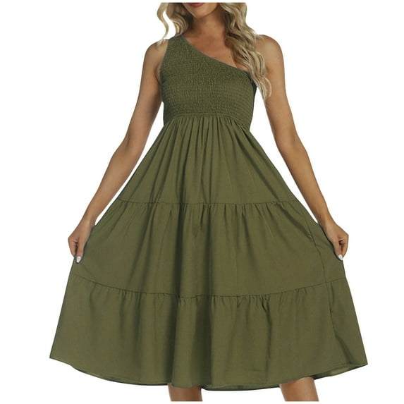 Lovskoo 2024 Women's Summer One Shoulder Sleeveless Ruffled Tiered Flowy Boho Beach Midi A Line Flowy Long Dresses Olive Green S