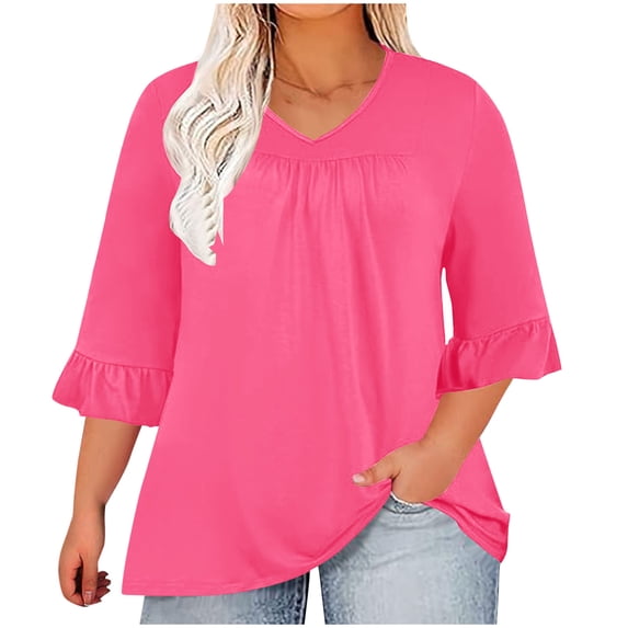 Lovskoo 2024 Women's Summer Plus Size Tops Ruffle 3/4 Short Sleeve Solid Color Shirt Casual V-Neck Pleated T-Shirt Loose Shirt Hot Pink 3XL