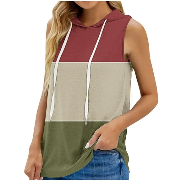Lovskoo 2024 Women's Summer Sleeveless Hooded Tank Top Drawstring Color Block Breathable T-Shirt for Athletic Exercise Burgundy XL