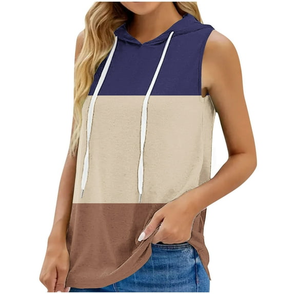 Lovskoo 2024 Women's Summer Sleeveless Hooded Tank Top Drawstring Color Block Breathable T-Shirt for Athletic Exercise Khaki 3XL