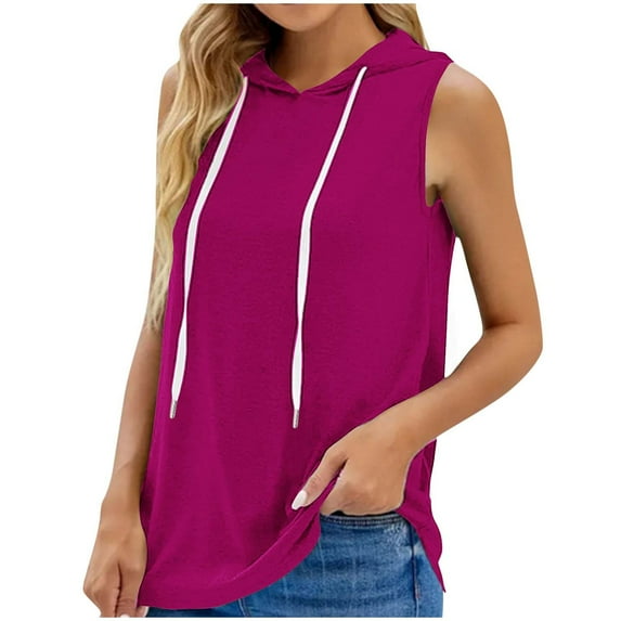 Lovskoo 2024 Women's Summer Sleeveless Hooded Tank Top Drawstring Solid Color Breathable T-Shirt for Athletic Exercise Hot Pink M