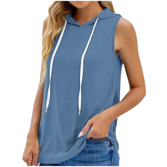 Lovskoo 2024 Women's Summer Sleeveless Hooded Tank Top Drawstring Solid Color Breathable T-Shirt for Athletic Exercise Light Blue M