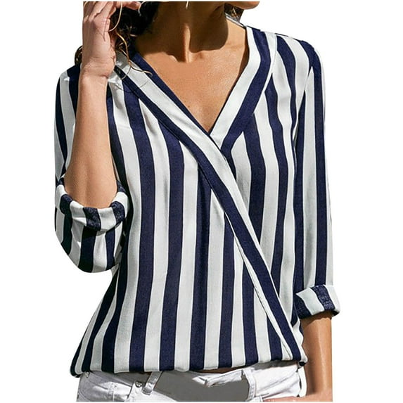 Lovskoo 2024 Women's Summer Striped Printed V Neck Wrap Front Long Sleeve Pullover Blouse Shirt Top Blue 3XL