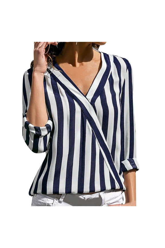 2024 Women's Summer Striped Printed V Neck Wrap Front Long Sleeve Pullover Blouse Shirt Top Blue 3XL