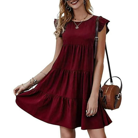 Lovskoo Women's Summer Sundress Crew Neck Flutter Short Sleeve Smocked Mini Dress Flowy Tiered Dresses Claret XL