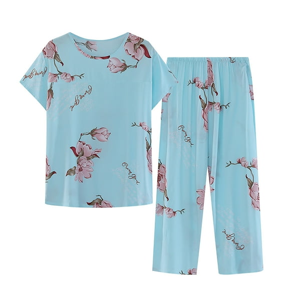 Gpaecead 2024 Women's Summer Two Piece Set Short Sleeve Round Neck Pajama Set Printed Sleepwear Loungewear Pullover Lounge Sets Tops Pants Set Sky Blue