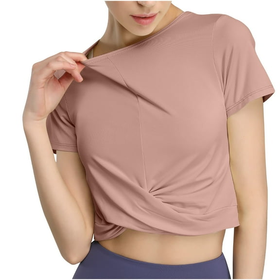 Lovskoo 2024 Women's Summer Workout Shirts Causal Short Sleeve Blouse Round Neck Crop Tops Twist Front Tee T-Shirt Rose Gold S