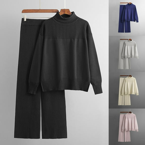 Lovskoo 2024 Women's Sweater Set Casual Knitted Pullover Loose Solid Color Long Sleeved High Neck Knit Sweater Wide Leg Pants Sweater Two-Piece Set Beige