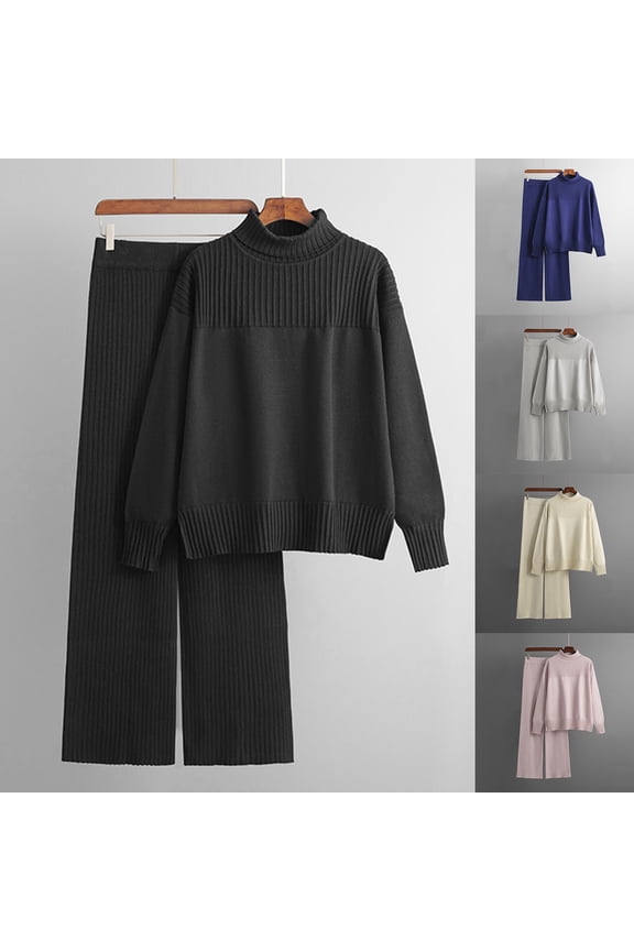 2024 Women's Sweater Set Casual Knitted Pullover Loose Solid Color Long Sleeved High Neck Knit Sweater Wide Leg Pants Sweater Two-Piece Set Black