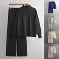 thumbnail image 1 of Lovskoo 2024 Women's Sweater Set Casual Knitted Pullover Loose Solid Color Long Sleeved High Neck Knit Sweater Wide Leg Pants Sweater Two-Piece Set Dark Blue, 1 of 9