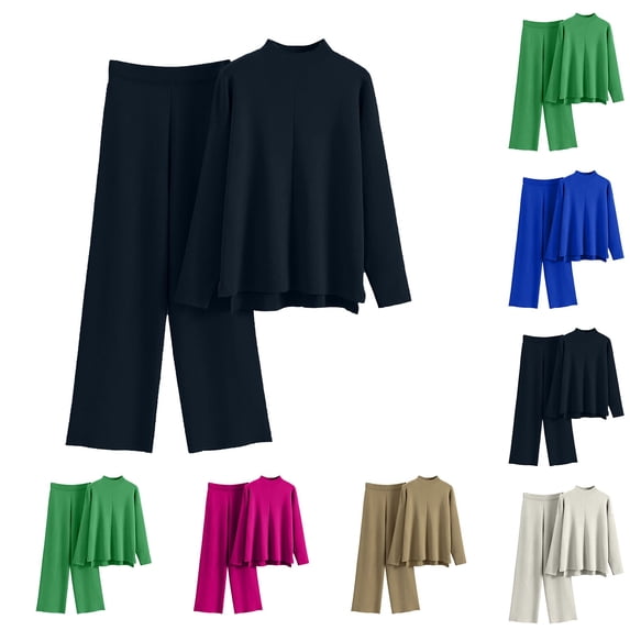 Lovskoo 2024 Women's Sweater Set Casual Long Sleeve Round Neck Stripe Tops Long Pants Suits Khaki