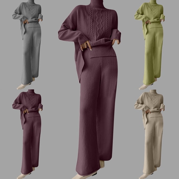 Lovskoo 2024 Women's Sweater Set Casual Loose Cable Knit High Neck Wide Leg Pants Sweater Two-Piece Set Khaki