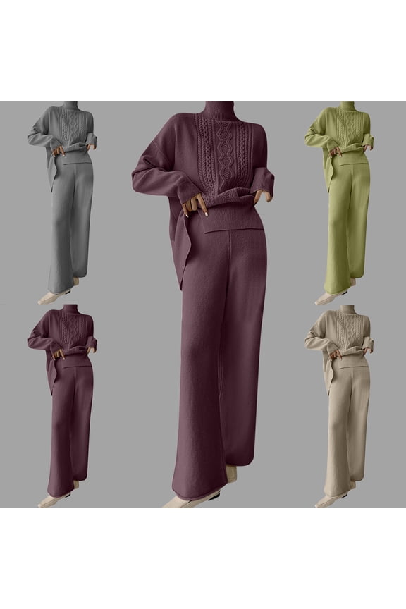 2024 Women's Sweater Set Casual Loose Cable Knit High Neck Wide Leg Pants Sweater Two-Piece Set Khaki
