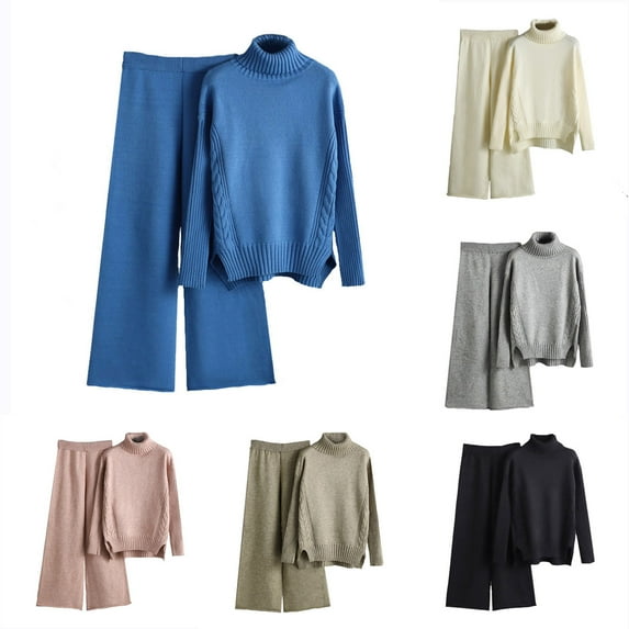 Lovskoo 2024 Women's Sweater Set Long Sleeved Knitted Loose High Collar Sweater Widened Leg Pants Set Khaki