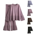 thumbnail image 1 of Lovskoo 2024 Women's Sweater Set Round Neck Long Sleeved Flare Wide Leg Pants Solid Color Slit Loose Fitting Trendy Sweater Set Coffee, 1 of 5