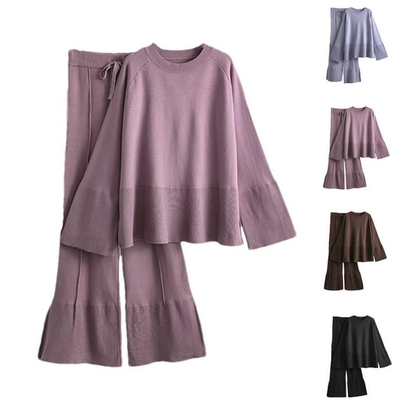 Lovskoo 2024 Women's Sweater Set Round Neck Long Sleeved Flare Wide Leg Pants Solid Color Slit Loose Fitting Trendy Sweater Set Coffee