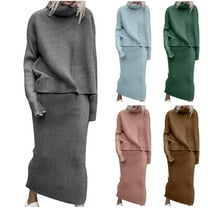 Lovskoo 2024 Women's Sweater Set Round Neck Long Sleeved Turtleneck Sweater Knit Bodycon Skirt Two-Piece Suit Green