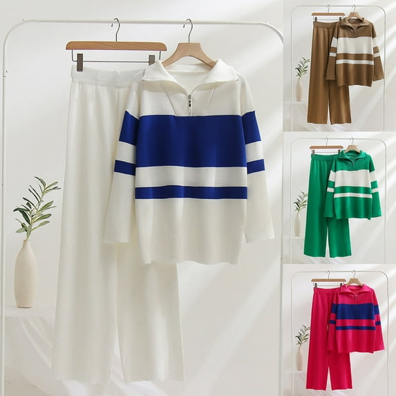 Lovskoo 2024 Women's Sweater Set Solid Color Long Sleeve Sweater Set Knit Top Long Pants Set Long Sleeve Turndown Top/Shirt Set White