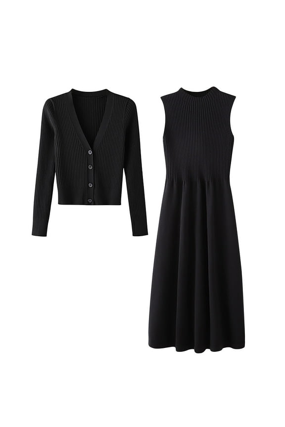 2024 Women's Sweater Set Solid Color Long Sleeved Sweater Cardigan and Sleeveless Round Neck Dress Two-Piece Set Black