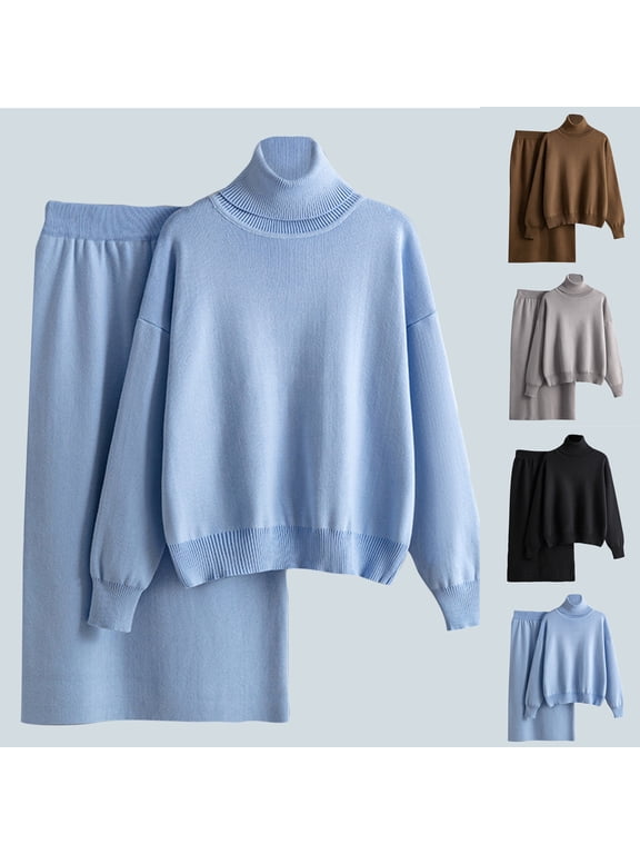 Women's Sweater Set Sweater Knitted Solid Color Turtleneck Sweater Half Hip Wrap Skirt Two-Piece Knitted Black