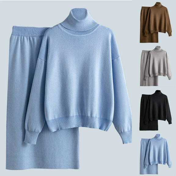 Lovskoo 2024 Women's Sweater Set Sweater Knitted Solid Color Turtleneck Sweater Half Hip Wrap Skirt Two-Piece Knitted Coffee