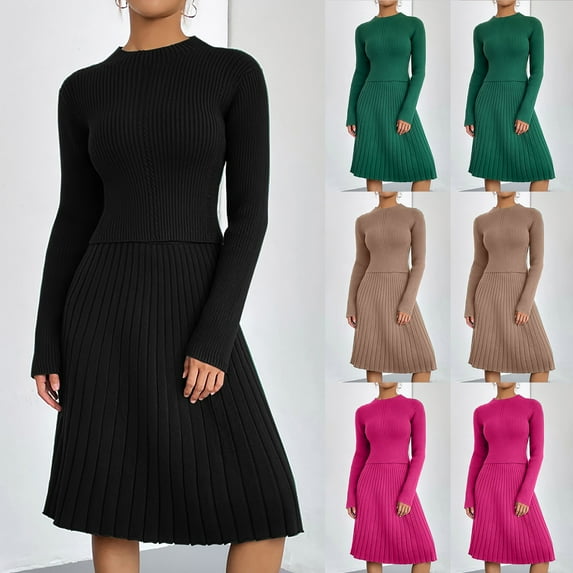 Lovskoo 2024 Women's Sweater Set Trendy Solid Color Fall and Winter A-Line Half Skirt Knitted Slim Temperament Two Piece Set Skirt Khaki