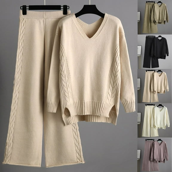 Lovskoo 2024 Women's Sweater Set Trendy Versatile Round Neck Long Sleeve Loose Top Blouse Pants Set Beige