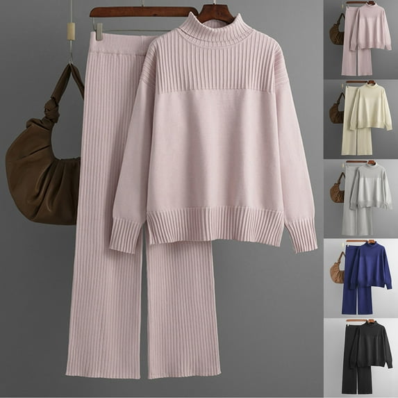 Lovskoo 2024 Women's Sweater Set Trendy Versatile Round Neck Long Sleeve Loose Top Blouse Pants Set Beige