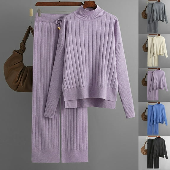 Lovskoo 2024 Women's Sweater Set Trendy Versatile Round Neck Long Sleeve Loose Top Blouse Pants Set Gray